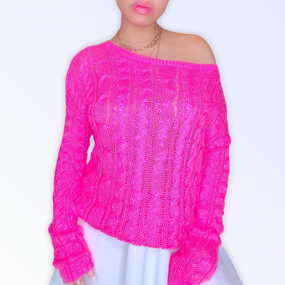 PINK FUZZY CABLE KNIT SWEATER